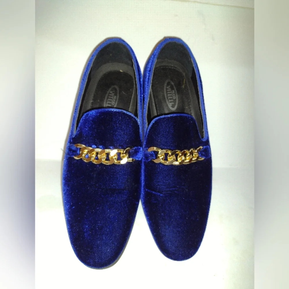 Hugo Vitelli Xavier Velvet Loafer Shoes Men's 9M Blue Goldtone Chain Party Disco